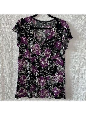 Perception Women Floral Print Surplice V-Neck Short Sleeve Blouse